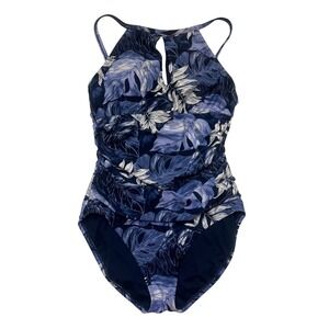 Ellen Tracy Blue Tropical Floral Keyhole Ruched One Piece Swimsuit Size 12